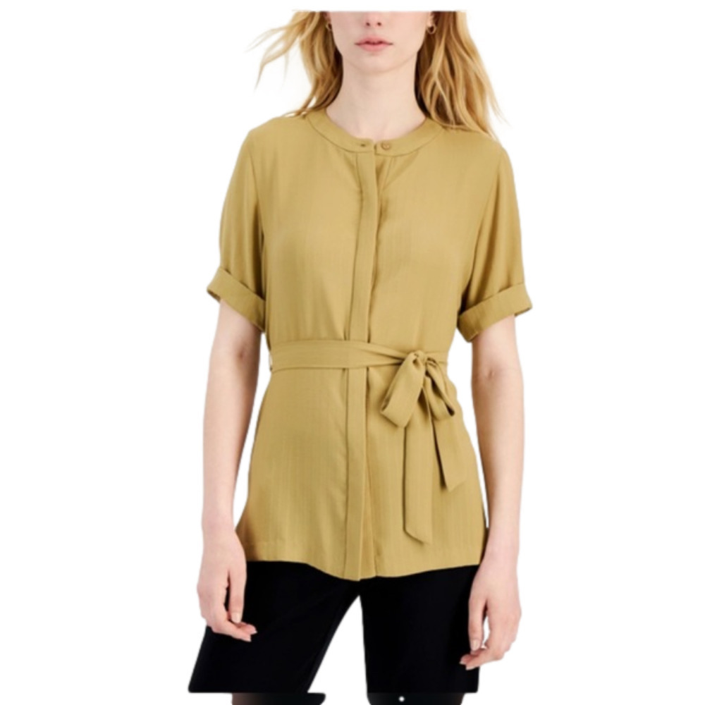 Alfani Water Camel Short Sleeve Tie Waist Top Large